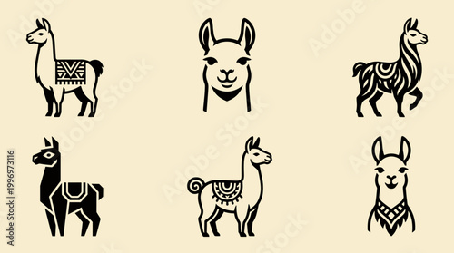 Modern llama logo collection: monochrome linocut illustrations, woodblock animal icons for branding and design