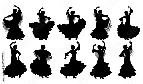 Flamenco dancers silhouette set with flowing dresses and shawls Spanish culture vector illustration