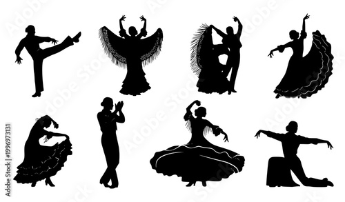 Spanish flamenco dance silhouettes with dynamic poses and flowing skirts black vector illustration