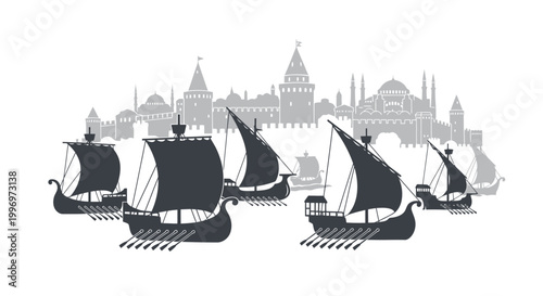 Viking ships sailing in formation.