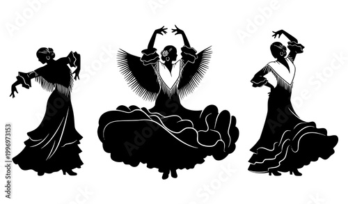 Elegant flamenco dancer silhouettes with flowing shawls Spanish cultural dance vector illustration