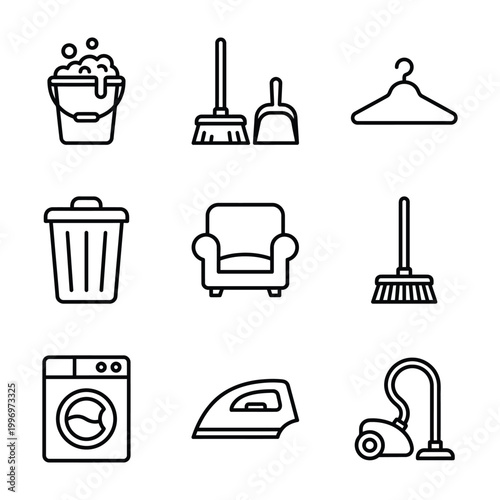 Collection of cleaning supplies and appliances line icons with trash can washing machine vacuum cleaner cleaning household appliances equipment illustration collection domestic assistance