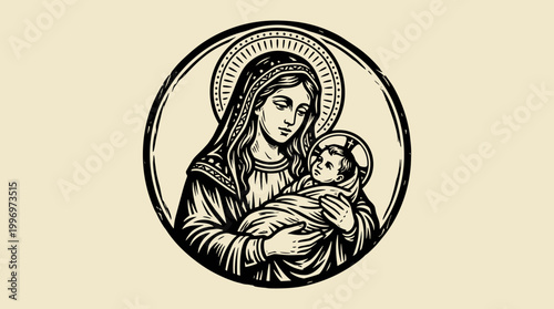 Virgin Mary with Baby Jesus: Vintage Linocut Illustration, Woodblock Print Vector Icon