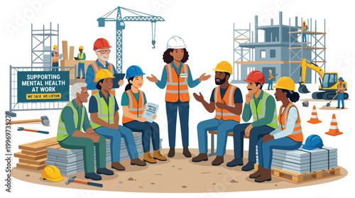 Construction workers diverse group gather for mental health support discussion at building site with crane and excavator