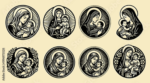 Virgin Mary and Baby Jesus: Set of 6 Linocut Style Vintage Vector Engraving Icons