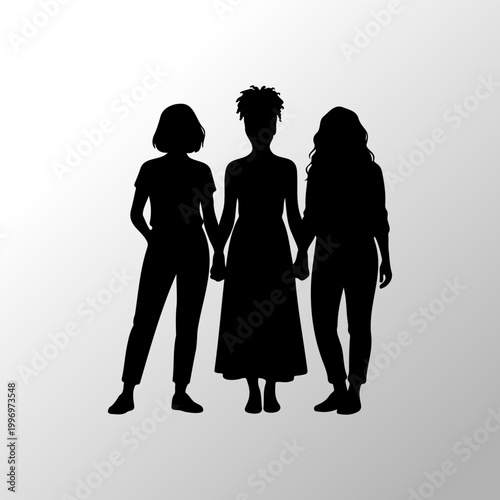 Three Diverse Women Silhouettes Holding Hands Representing Unity and Female