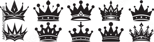 Royal crown silhouette set featuring luxury, king and queen symbols in bold modern styles. Perfect for branding, logos, fashion, esports, and premium identity design with elegant iconic appeal.