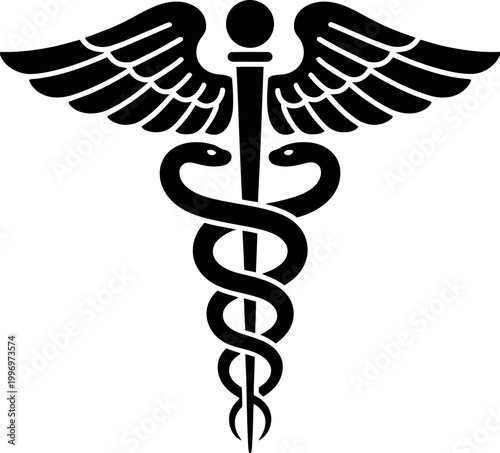 Caduceus medical symbol vector illustration with wings staff and intertwined snakes isolated on white background healthcare emblem minimal modern design