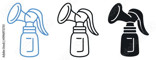 Graphic breast pump icons set featuring line art and silhouette styles for motherhood and baby care