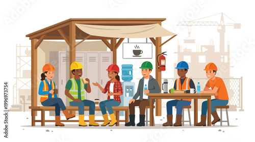 Diverse construction workers taking a break and enjoying lunch together at a shaded outdoor break area on a busy building site with cranes in the background