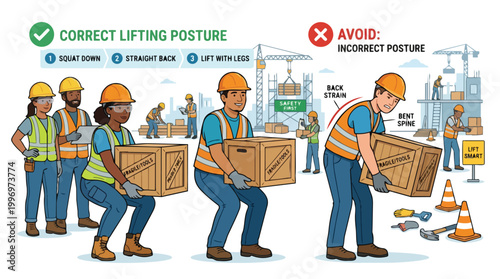 Construction workers demonstrating correct lifting posture and avoiding incorrect posture for safety in an industrial setting with safety first sign