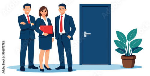 Modern flat illustration business people set featuring a diverse team of professionals in suits standing together for corporate teamwork and success