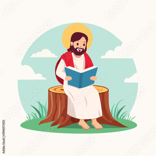 Jesus Reading a Book While Sitting on a Tree Stump