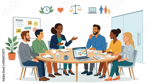 Diverse team of professionals collaborating in a modern office meeting room discussing work life balance and team support strategies