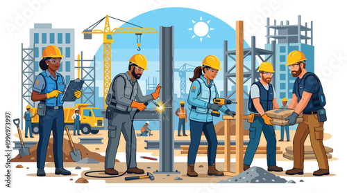 Diverse construction workers in hard hats and safety vests collaborating on a building site with cranes, tools, and materials, representing teamwork and industry progress