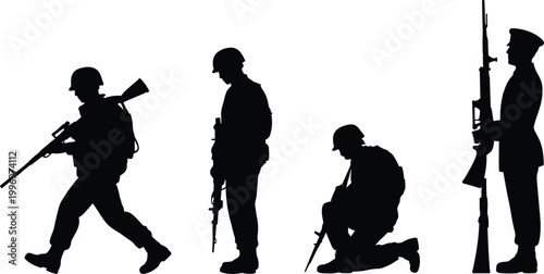 Soldier Silhouettes in Various Poses Holding Rifles Military
