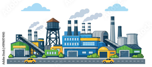 Cartoon illustration of industrial factory depicting manufacturing and production for business and environmental concepts