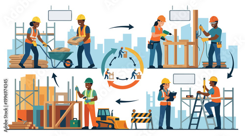 Construction workers collaborating on a building site illustrating the diverse stages of an industrial project from material delivery to assembly and safety checks