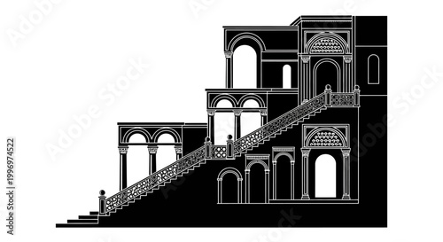 Staircase with Arches and Balustrade Details.