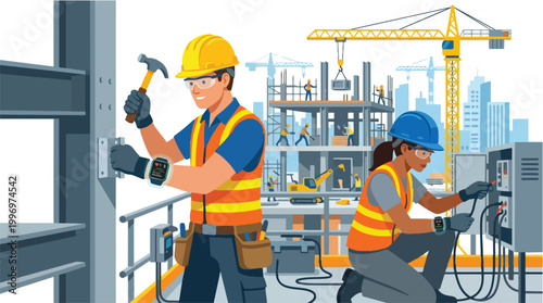 Diverse construction workers in safety gear using smartwatches and tools on a high-rise building site with cranes and city skyline in the background