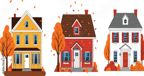Autumn Neighborhood — Colorful Houses in Fall Season Flat Vector Illustration