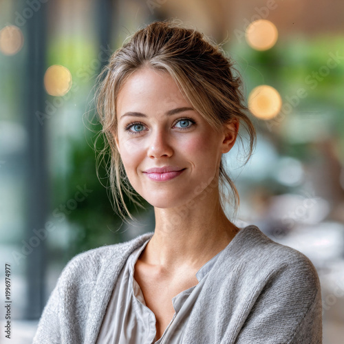 Portrait of a friendly young woman with blue eyes and a natural smile in a bright indoor with bokeh background. AI generated