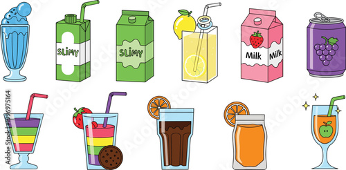 Colorful Drink Vector Set Featuring Milk, Juices, Soda, Smoothies, and Ice Cream Beverages for Refreshing Summer and Snack Illustrations