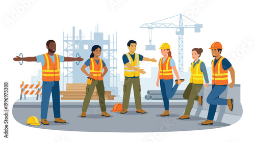 Diverse construction workers in safety vests and hard hats performing stretching exercises on a building site with cranes and scaffolding in the background