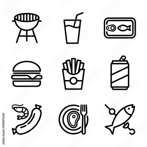 Barbecue and picnic food icons with french fries canned fish barbecue illustration collection grilling