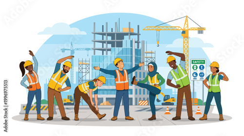 Diverse construction workers in hard hats and safety vests perform stretching exercises on a sunny day at a busy industrial building site with cranes and equipment