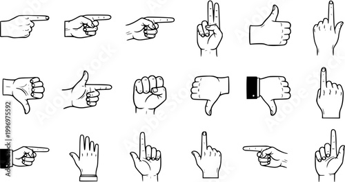 Hand Gestures Set: Line Art Illustrations of Pointing, Thumbs UpDown, Fist, Peace Sign  More