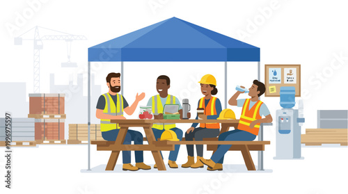 Diverse construction workers taking a break under a blue tent on a sunny day with building materials and a crane in the background