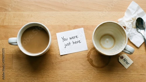 Coffee in a cup with a message note on wooden table