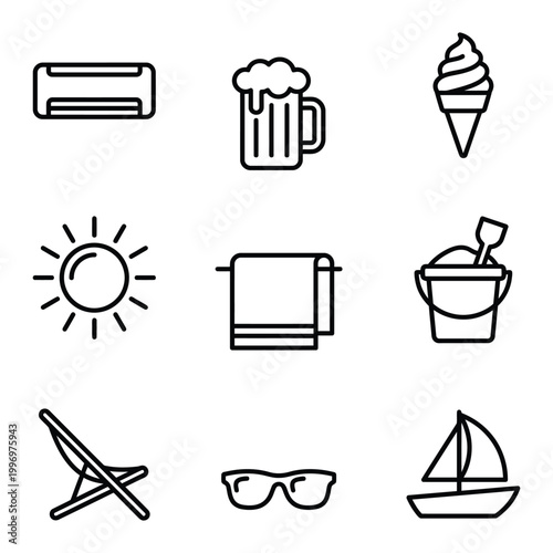 Summer vacation icons set with air conditioner ice cream beach bucket beach chair line art flat design summer time hot weather outdoor recreation vacation sunglasses sailboat collection