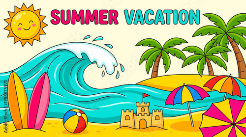A vibrant cartoon depiction of a sunny summer vacation scene on a sandy beach with palm trees, a large wave, surfboards, a beach ball, and colorful umbrellas