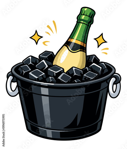 Cartoon style illustration of a champagne bottle in an ice bucket depicting chilling with ice cubes for festive celebrations
