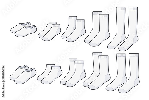 Collection of White Socks in Different Lengths and Pairs, Simple Flat Vector Illustration of No-Show, Ankle, Crew, and Knee-High Sock Styles for Apparel Design, Fashion Mockups, and Clothing Sets.