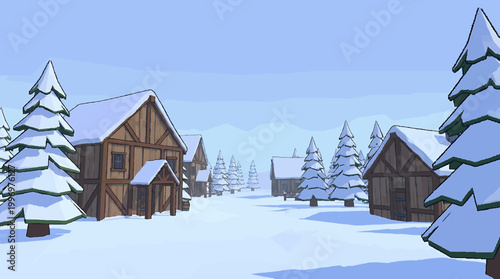 A serene winter village landscape, showcasing traditional wooden homes nestled among snow-dusted evergreen trees under a tranquil sky, evoking a sense of peaceful holiday charm and rustic beauty