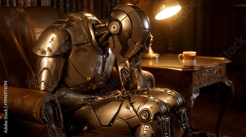 Robot sitting in a chair with head in hand