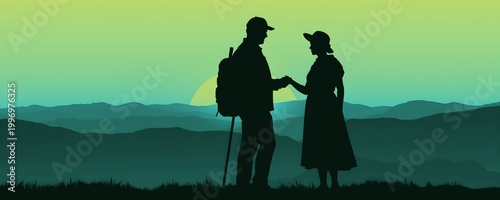 Travelers Meeting at Dusk in Mountain Landscape – Love, Journey and Nature Concept Art
