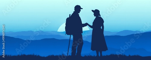 Romantic Outdoor Scene with Couple Silhouette – Sunset Hills Vector Banner Design