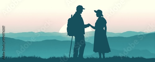 Silhouette of Couple Holding Hands at Sunset – Scenic Mountain Adventure Background
