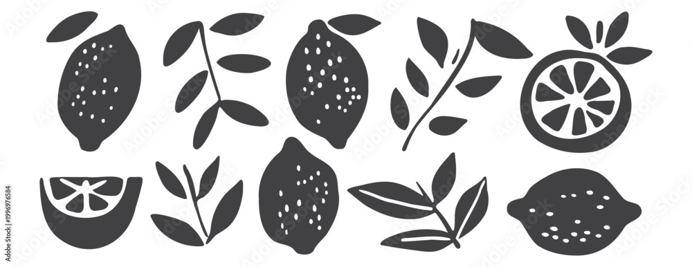 Obraz premium Black lemon and leaf silhouette set. Mediterranean citrus fruit icons in linocut and woodcut style. Isolated hand-drawn botanical elements for organic branding and Italian food packaging