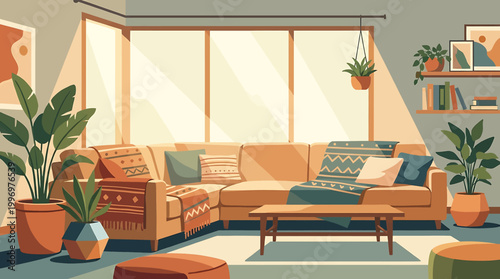 Cozy and bright modern living room interior, featuring a comfortable L-shaped sofa, lush green houseplants, and minimalist decor, creating a warm and inviting home ambiance