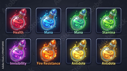 Collection of magical potion icons representing various buffs and effects for fantasy games