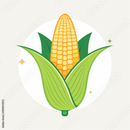 Illustration of a Fresh Corn Cob with Green Leaves