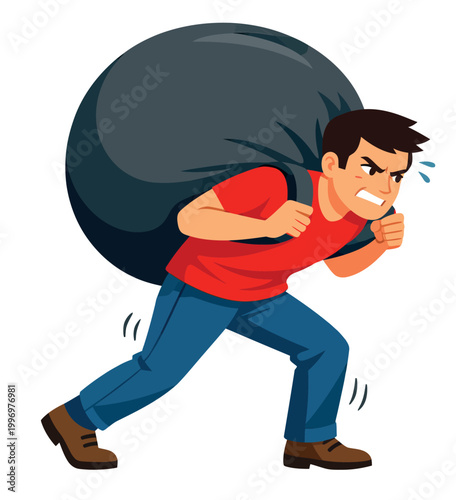 Cartoon illustration of a man depicting struggling to carry a huge heavy bag for concepts of burden and theft
