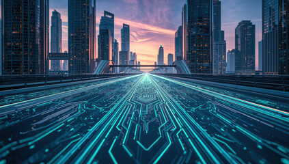 Futuristic smart city neon circuit road sunset skyline highrise