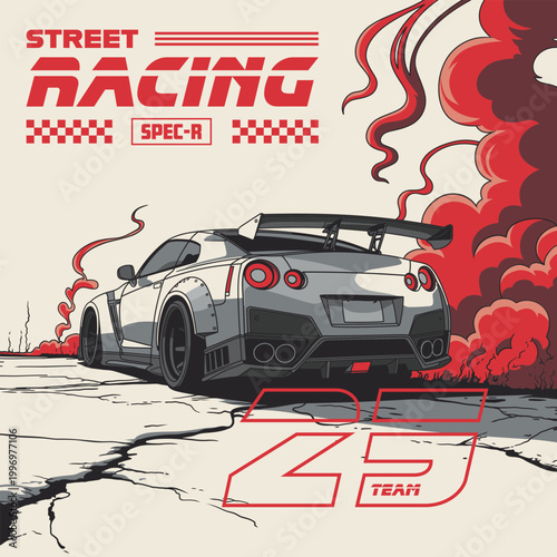 Stylized Aggressive Sportscar Performing Drift Maneuver with Fiery Exhaust Smoke