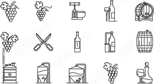Flat winemaking and viticulture icon vector set with vibrant grape and winery symbols for vineyard and wine club design
